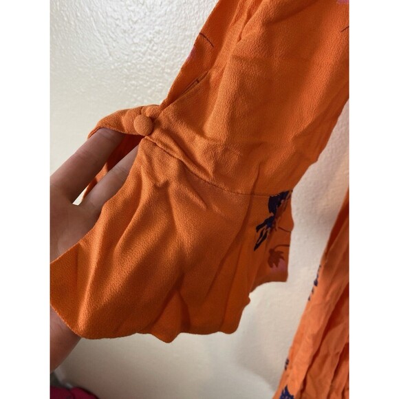 Free People S Mini Dress Surplice Wrap Floral Boho Hippie Peasant Orange Bell - Picture 7 of 8